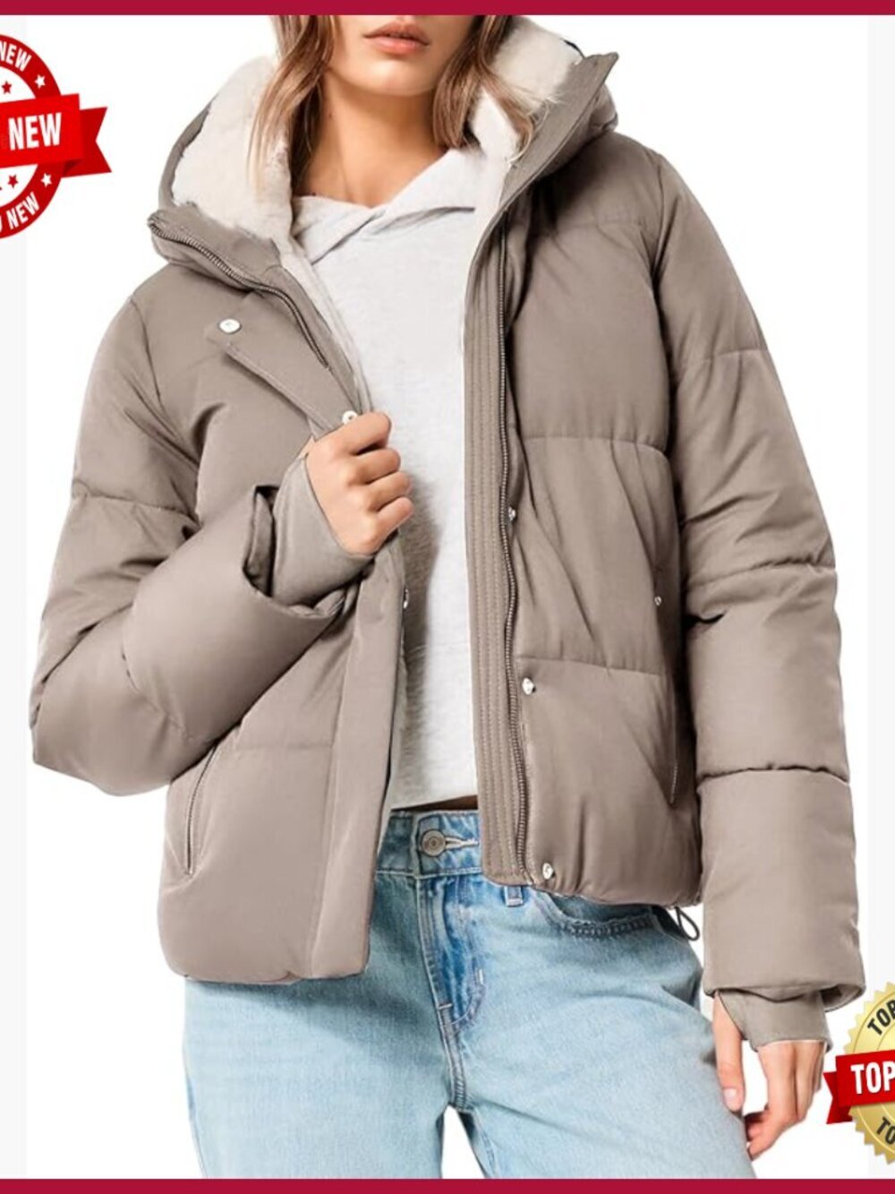 Cropped Puffer Jacket with Removable Hood, Faux Fur Lined, Quilted Winter Coat